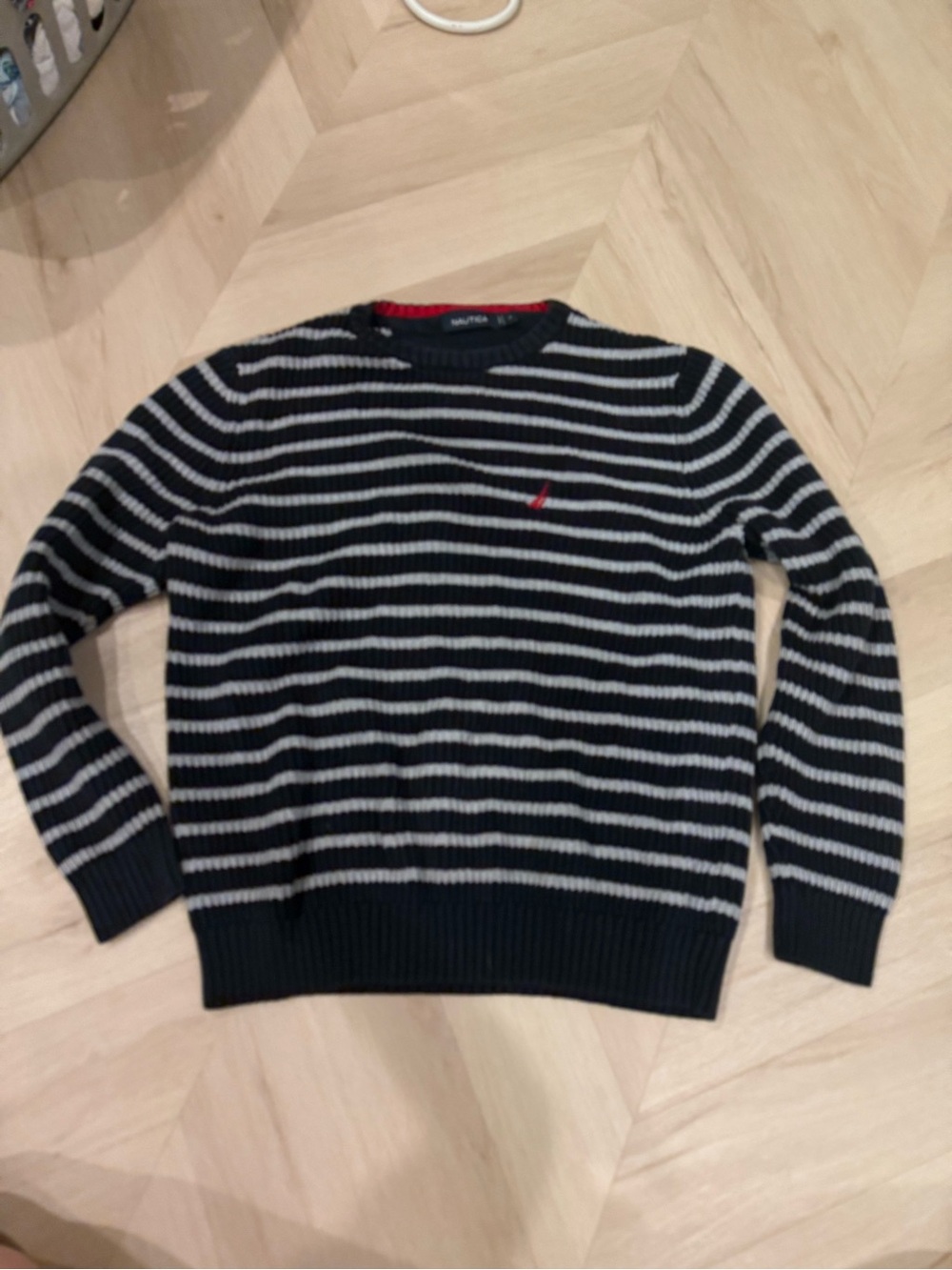 Nautica Men's Navy & White Striped Crewneck Sweater with Red Logo